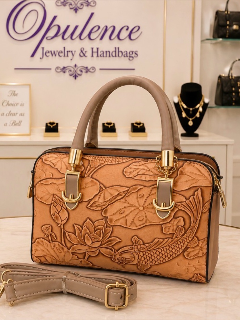 Embossed Floral & Koi Satchel Bag - Taupe and Tan